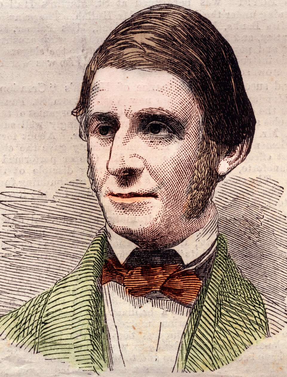 エッセイスト、哲学者、アメリカの詩人、ラルフ・ウォルドー・エマーソン（1803-1882）の肖像。1858年3月20日の「The illustrated London News」に掲載された版画。 作： 無名の画家