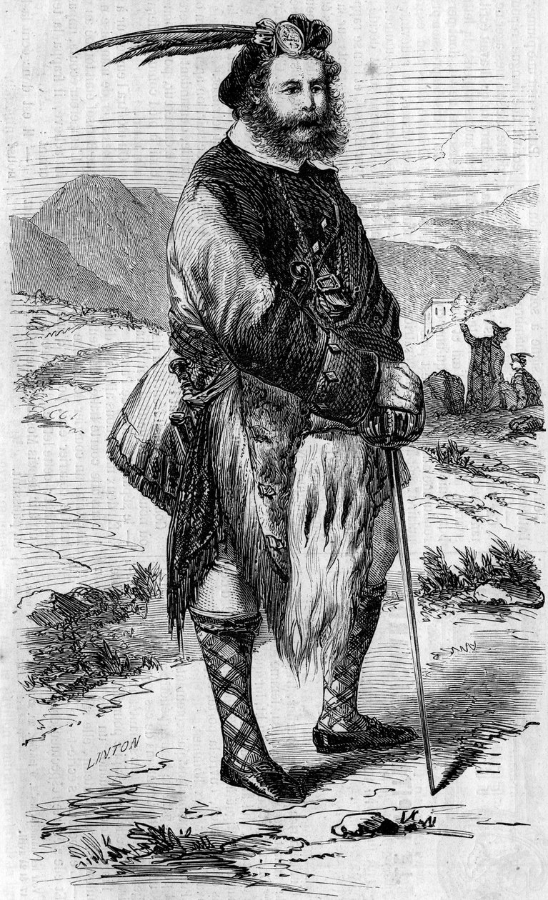 Roualeyn George Gordon Cumming (1820-1866) スコットランドの旅行者でライオン・ハンター。1858年5月8日付「The Illustrous World」56号に掲載されたリントンによる版画。 作： 無名の画家