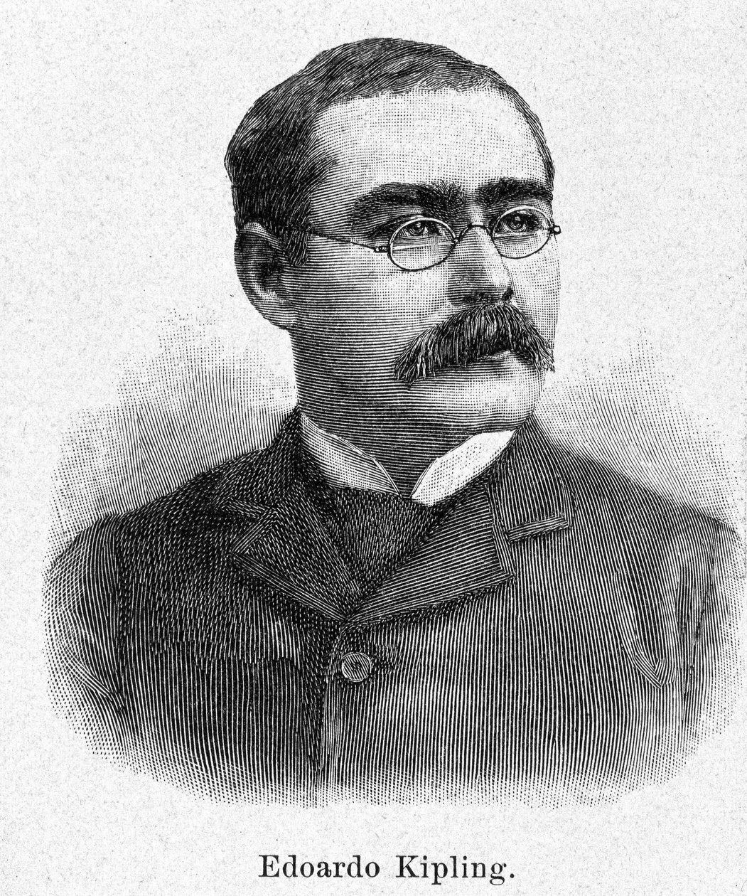 イギリスの小説家・詩人ラドヤード・キップリング（1865-1936）の肖像、19世紀の彫刻。 作： 無名の画家