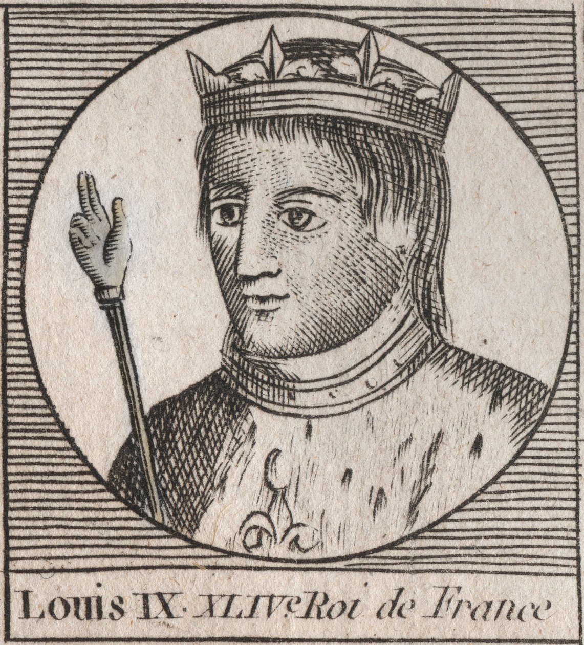 サン・ルイの肖像（Saint-Louis, Louis IX (1214-1270) - フランスの王、サン・ルイ9世（1214-70） - シャルル・コンスタン・ル・テリエ1821年の「フランス史に関する教本」からのエングレービング 作： 無名の画家