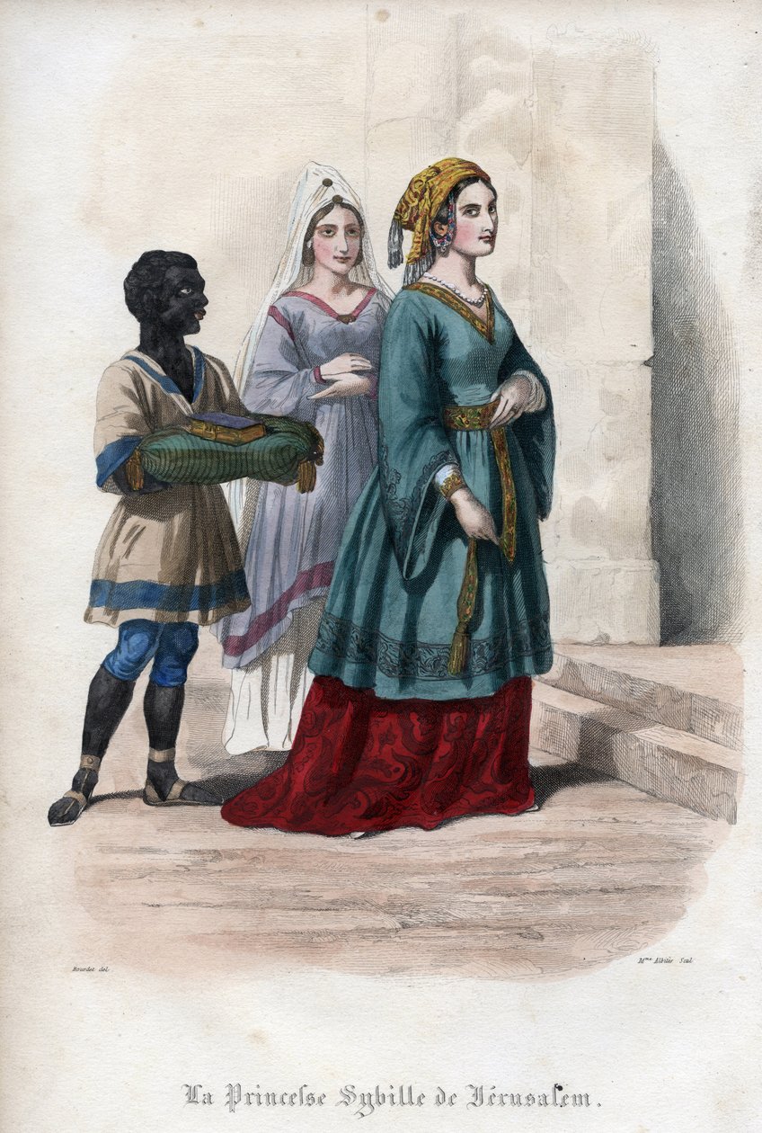エルサレムの王女であり女王でもあったエルサレムのシビュラ（エルサレム・シビュラ）（1160年頃～1190年）の肖像。モーリス・ラシャトレの『教皇の歴史』に掲載された1842年の版画。個人蔵。 作： 無名の画家