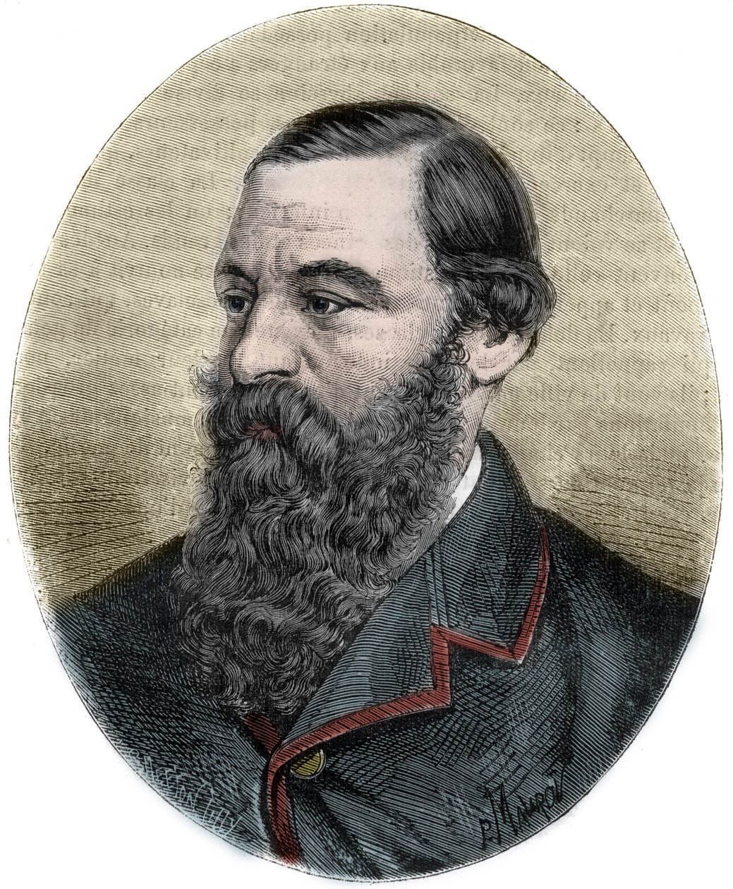 サミュエル・ベイカー卿（1821-1893）の肖像（「Picturesque Histoire des grands voyages au nineteenth century」より）。1877 作： 無名の画家
