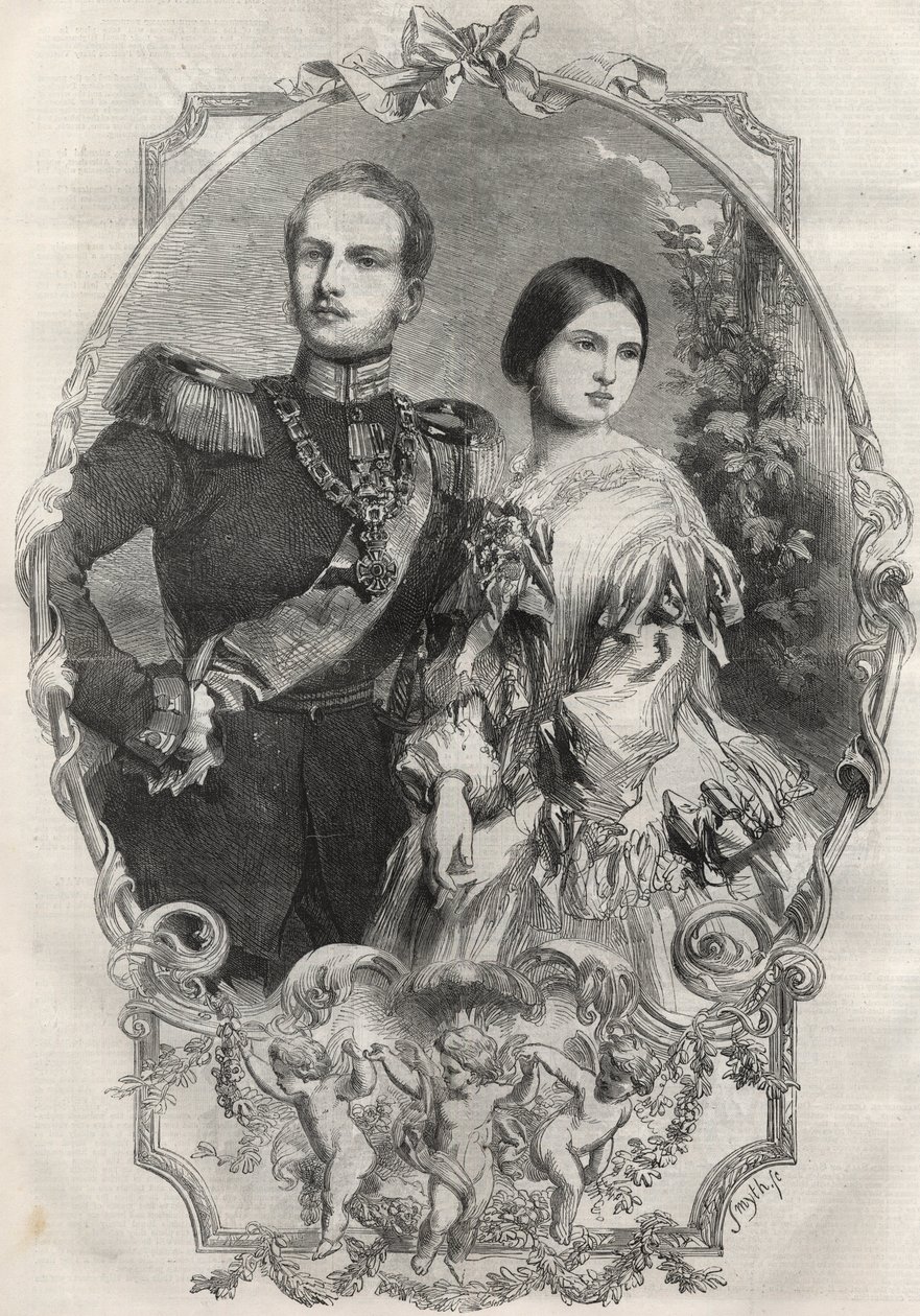 ヴィクトリア王女（1840-1901）（ヴィクトリア女王）とプロイセン皇太子フレデリック・ウィリアム（1831-1888）の両殿下の肖像。1858年のエングレーヴィング。 作： 無名の画家