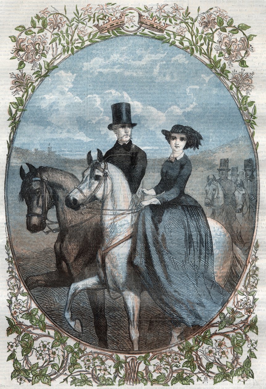 ヴィクトリア王女（1840-1901）（ヴィクトリア女王の娘）とプロイセン皇太子フレデリック・ウィリアム（1831-1888）の両殿下の肖像。1858年のエングレーヴィング。 作： 無名の画家