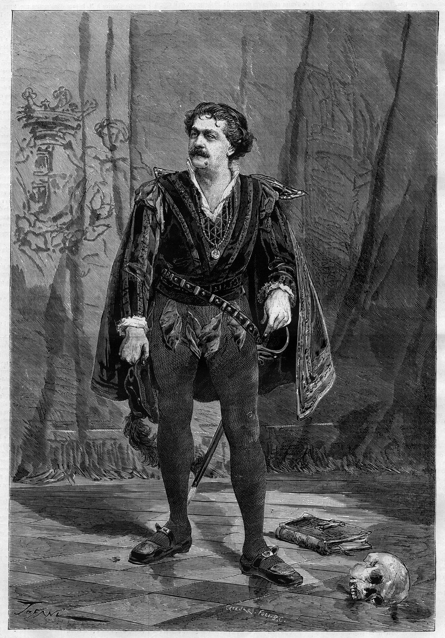1875年、パリのVentadour劇場でウィリアム・シェイクスピアの「ハムレット」を演じる俳優エルネスト・ロッシの肖像。 作： 無名の画家