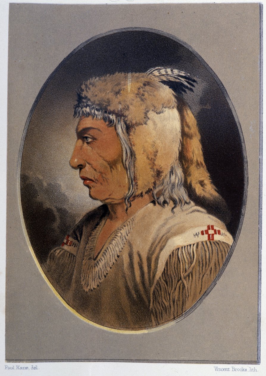 あるインディアンの肖像。Man-CE-Muckt - Paul Kane著「Wandering of an artist among the indians of North America」（Longmans & Roberts, London）に掲載。 作： 無名の画家