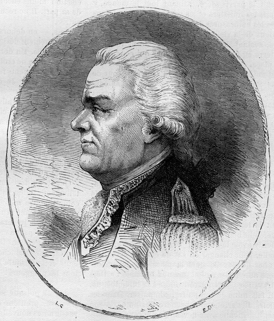 アメリカ独立戦争（1775-1783）に参加したフランスの提督、グラース伯爵（Francois Joseph Paul, Marquis de Grasse Tilly）（1722-1788）の肖像。1881年のエングレーヴィング。 作： 無名の画家