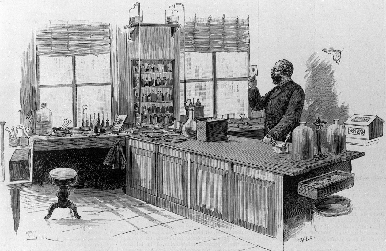 ドイツ人医師ロバート・コッホ（1843-1910）の研究室での肖像。 作： 無名の画家