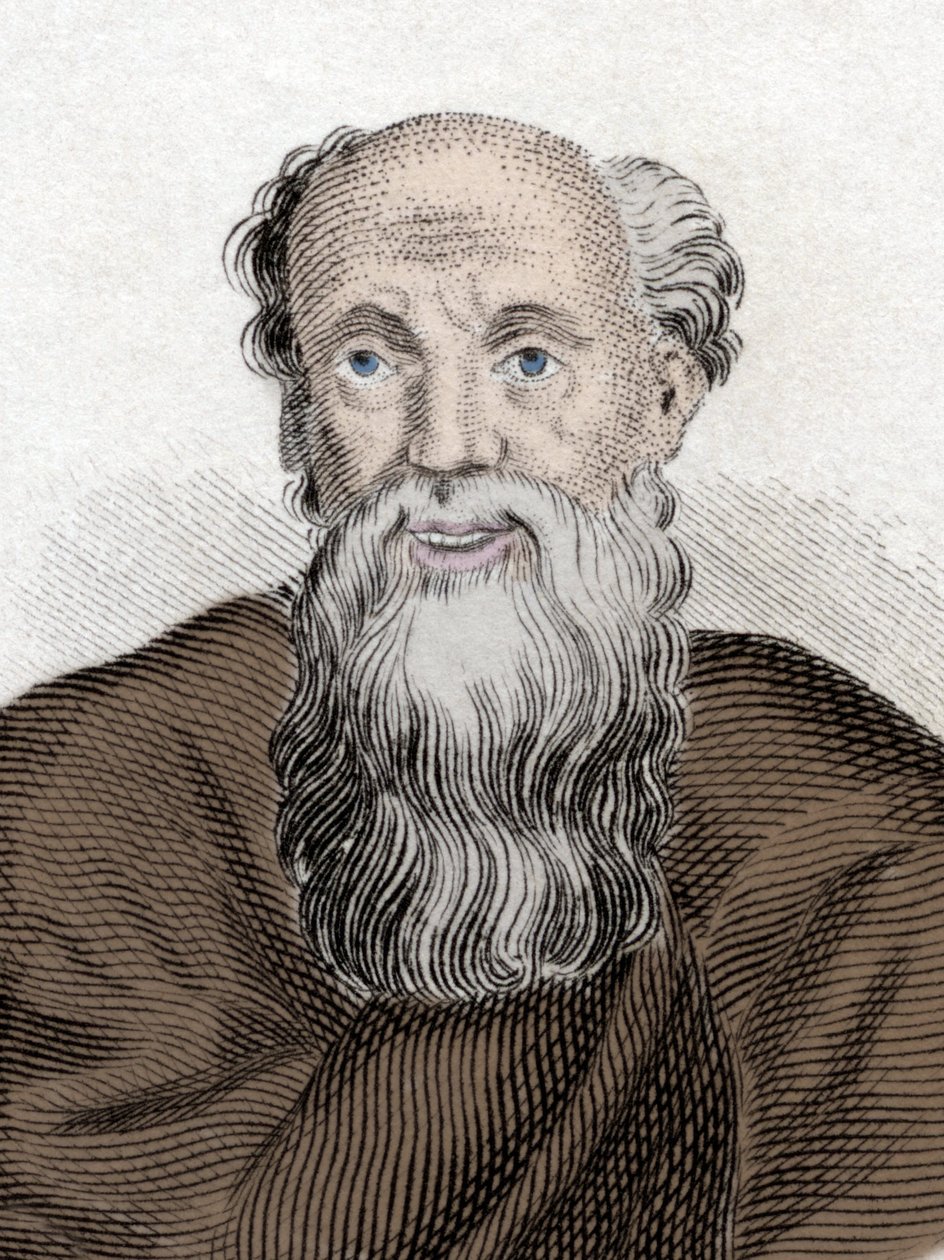ギリシャの哲学者デモクリトス（Democritus）（460-370 Av JC）、アブデレのデモクリトの肖像。19世紀のエングレーヴィング。 作： 無名の画家