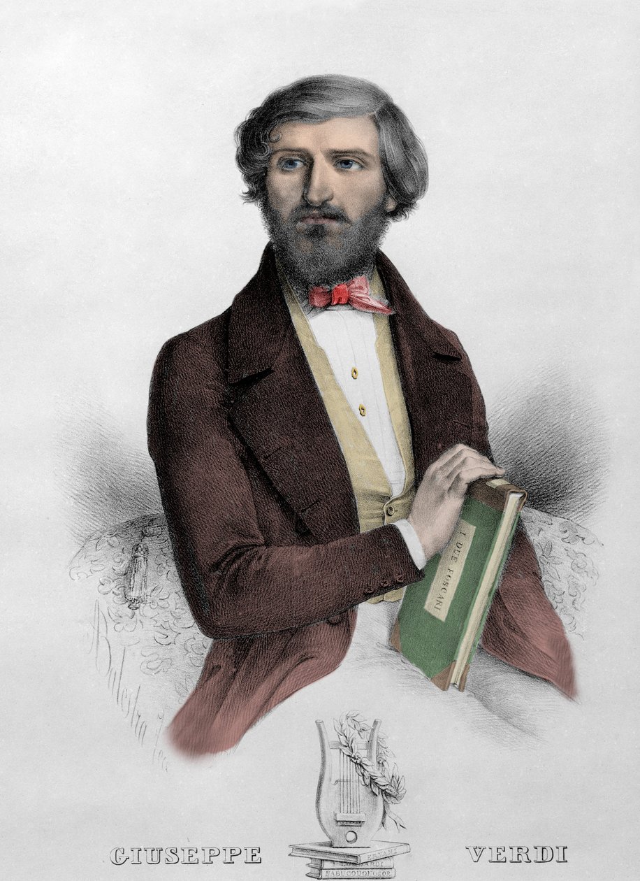 イタリアの作曲家ジュゼッペ・ヴェルディ（1813〜1901年）の肖像と "i Due Foscari "の楽譜 1844年のエングレーヴィング。 作： 無名の画家