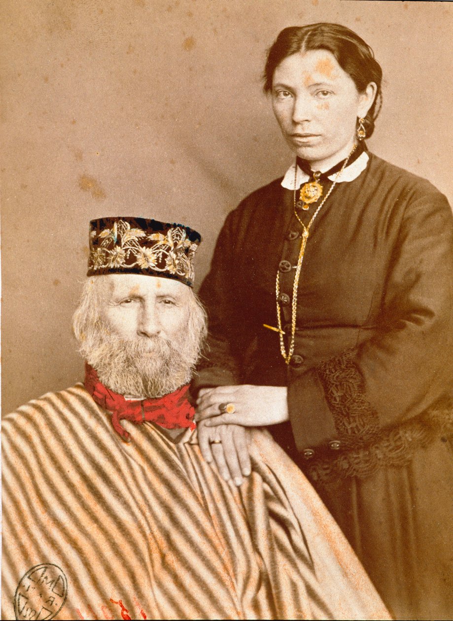 イタリアの愛国者、リソルジメントの英雄ジュゼッペ・ガリバルディ（1807-1882）と3番目の妻フランチェスカ・アルモシーノの肖像 作： 無名の画家