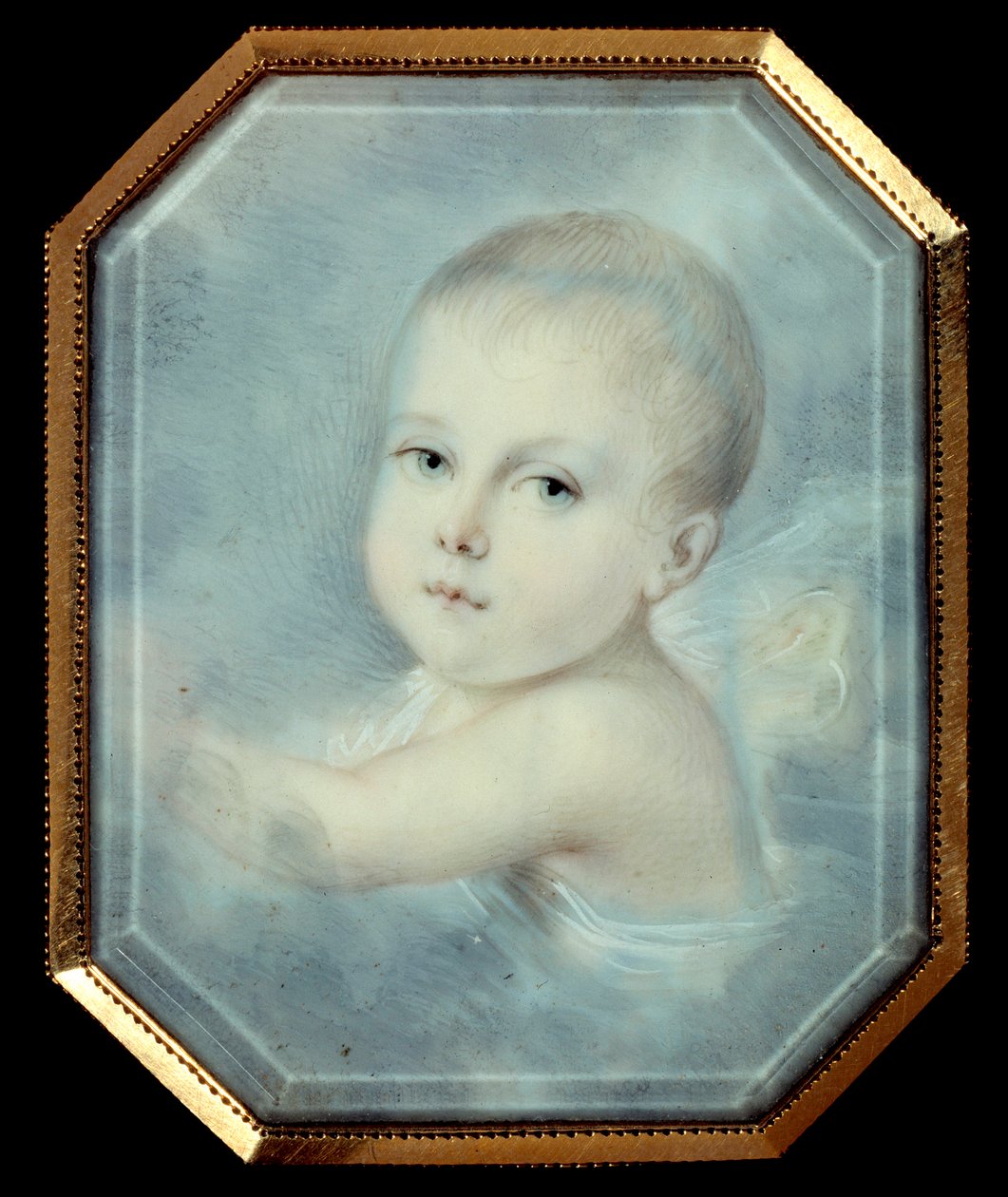 皇帝ナポレオン1世（1769-1821）の息子で、後のナポレオン2世となるローマ王ベベ（1811-1832）の肖像。19世紀の匿名の八角形メダイヨン。ガラス下の水彩画。パリ、レジオンドヌール美術館 作： 無名の画家