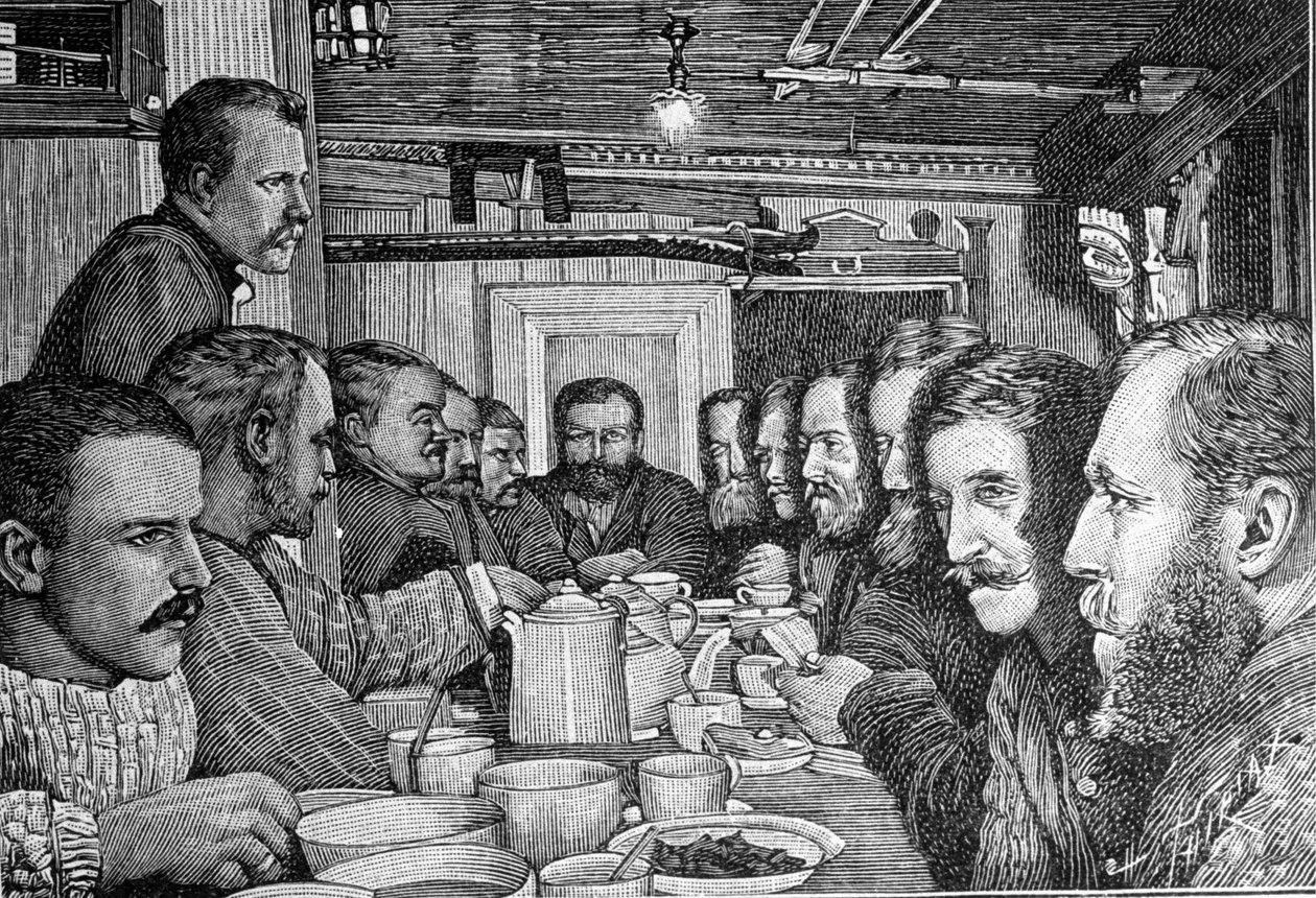 科学者であり外交官でもあったノルウェーの探検家Fridtjof Nansen（1861-1930）が、1897年頃に船Framの乗組員に北極点への接近計画を発表した際の肖像。エングレーヴィング 作： 無名の画家
