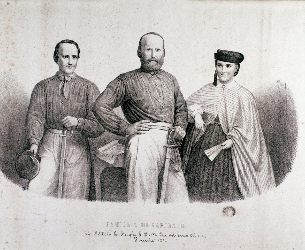 リソルジメントの英雄ジュゼッペ・ガリバルディ（1807-1882）の娘テレシタと妻ステファノ・カンツィオの間の肖像。1862年のリトグラフ 個人蔵 作： 無名の画家