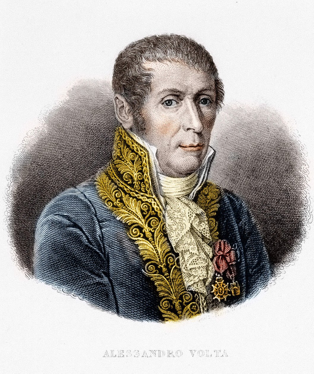 アレッサンドロ（アレクサンドル）・ボルタ（1745-1827）のポートレート。イタリアの物理学者、電気電池の発明者。19世紀のエングレーヴィング 作： 無名の画家