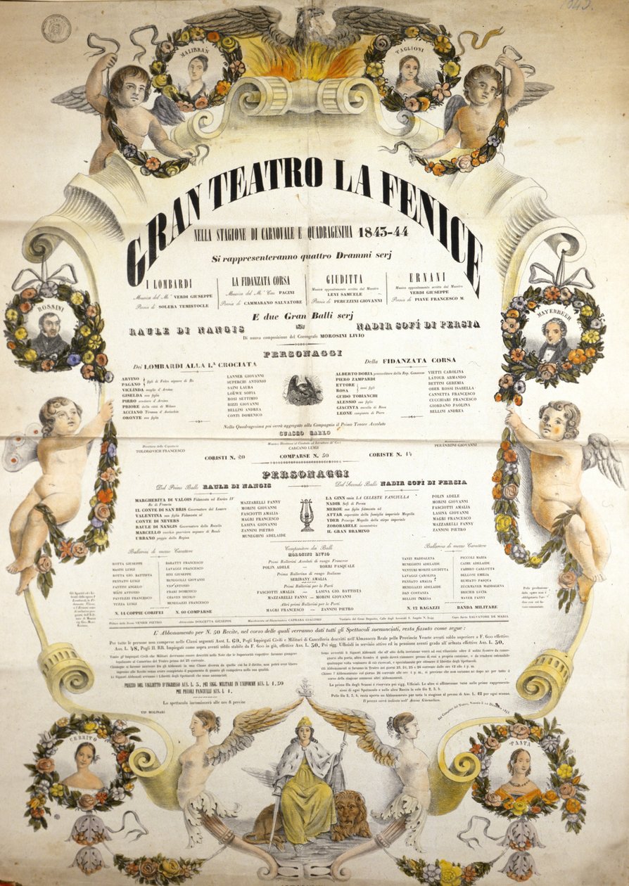 イタリアの作曲家ジュゼッペ・ヴェルディ（1813-1901）のオペラ「アイーダ」が、1843年から1844年にかけてヴェネツィアのフェニーチェ劇場で上演された際のポスター。 作： 無名の画家