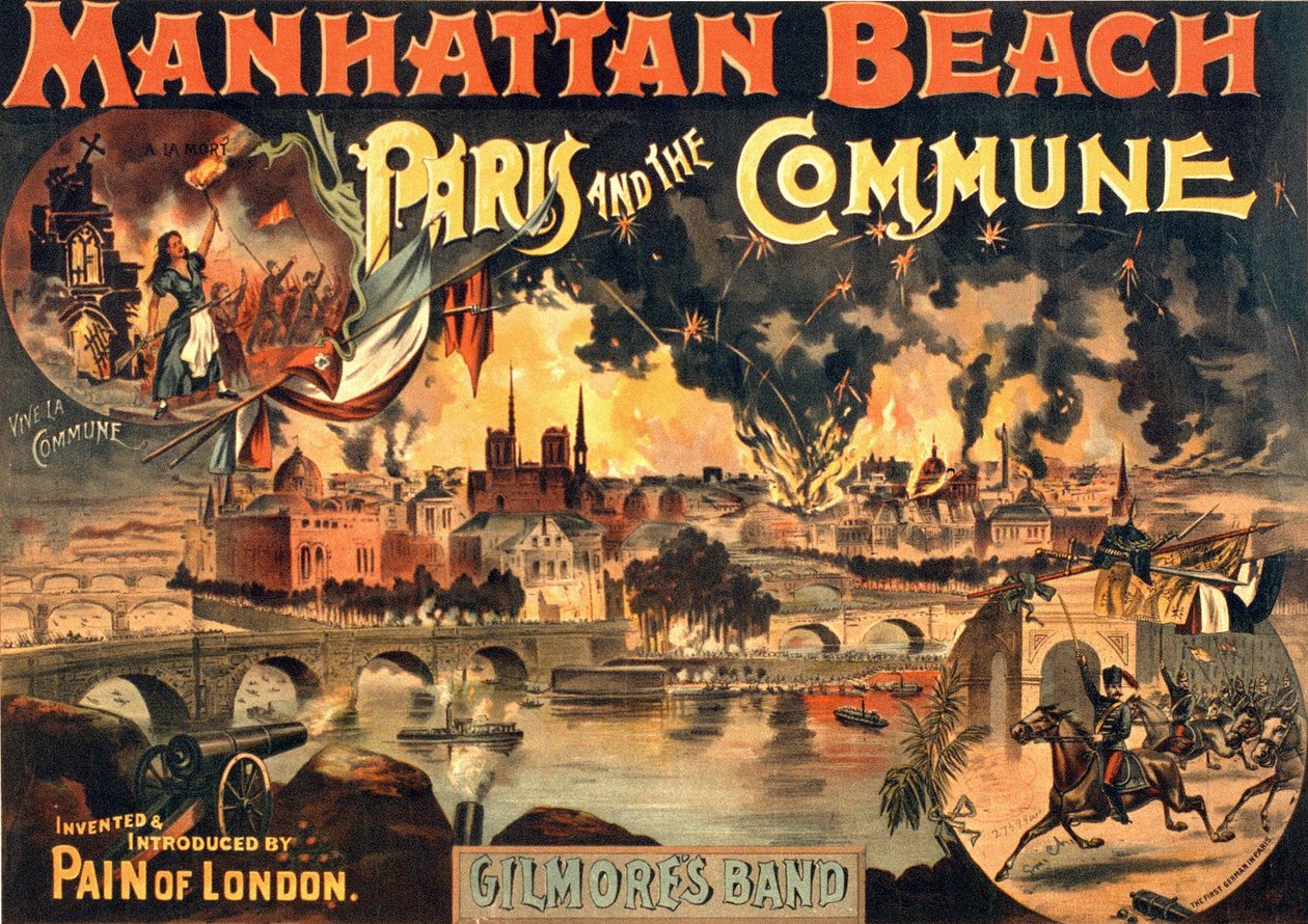 マンハッタン・ビーチで行われたギルモア・バンドによるショー「パリとコミューン」のポスター（1891年頃）。 作： 無名の画家