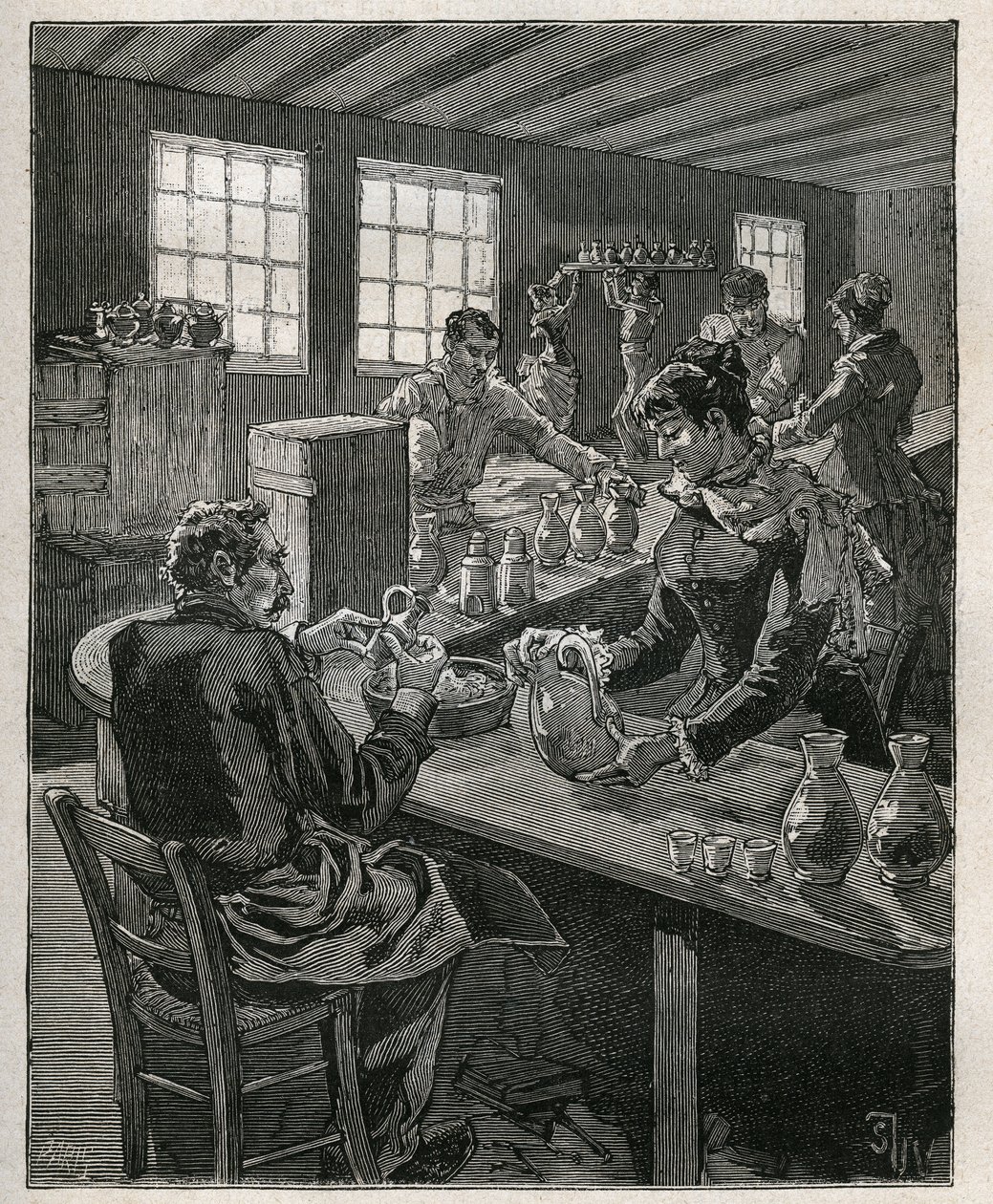 陶器： 充填用の陶器。Adolphe BITARDの "Les arts et metiers illustres "に掲載された1885年のエングレーヴィング。 作： 無名の画家