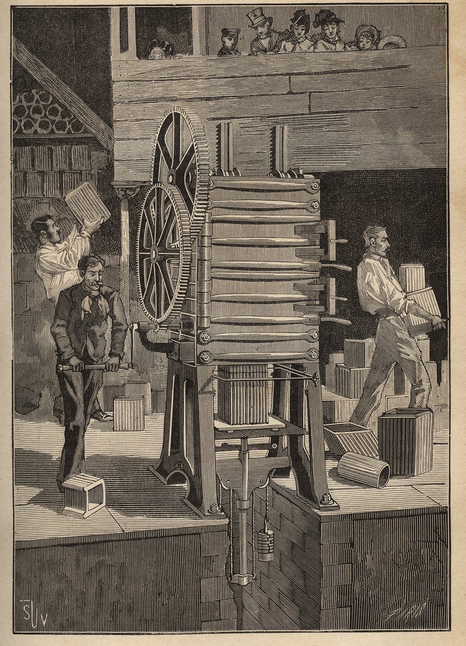 陶器：中空部分の機械的成形。Adolphe BITARDの "Les arts et metiers illustres "に掲載された1885年の図版。 作： 無名の画家
