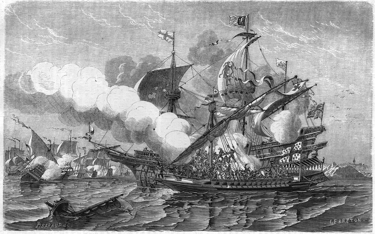 1513年4月、エドワード・ホワート提督が率いるイングランド艦隊を攻撃したプレジェント。19世紀のエングレーヴィング。 作： 無名の画家