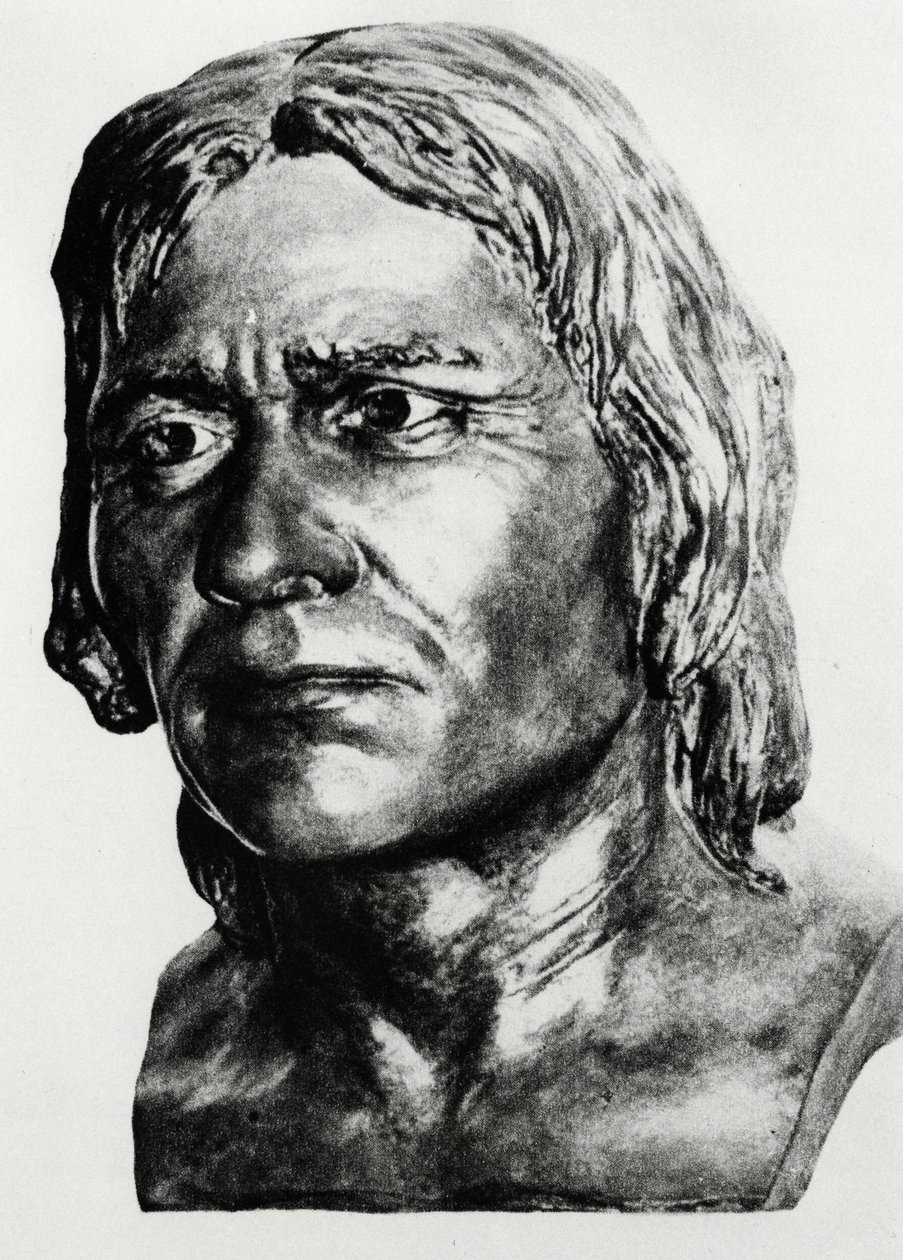 先史時代：クロマニヨン人の男性（胸像）の復元（マック・グレゴール氏による）。 作： 無名の画家