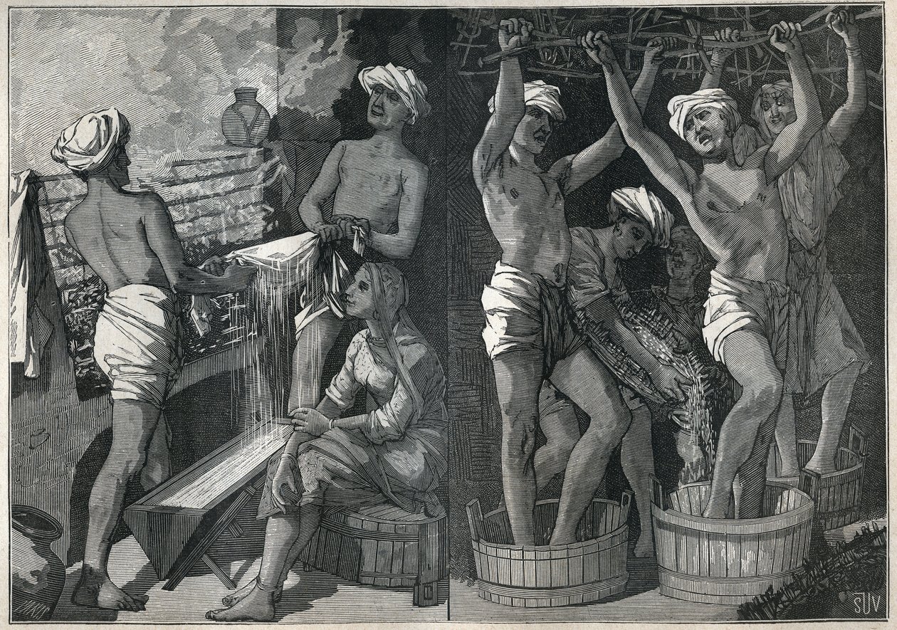 インドでの漆の調合。Adolphe BITARDの "Les arts et metiers illustres "に掲載された1885年の図版。 作： 無名の画家