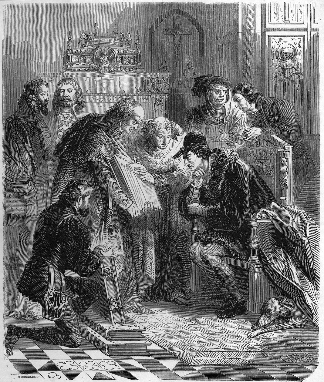 フランス王ルイ11世（1423-1483）に印刷された聖書を贈呈。 作： 無名の画家