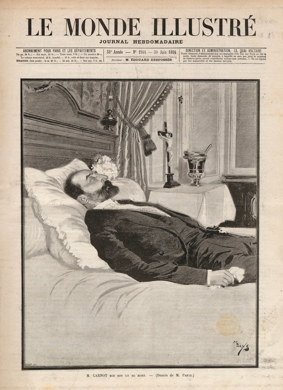 共和国大統領サディ・カルノー（1837-1894）が死の床にあるとき、労働組合やアナキストの扇動の中で、6月24日にリヨンの展示会でサンテ・カセリオ（1873-1894）に暗殺され、その後も暗殺された。Le monde illustrious」のエングレーヴィング f 作： 無名の画家