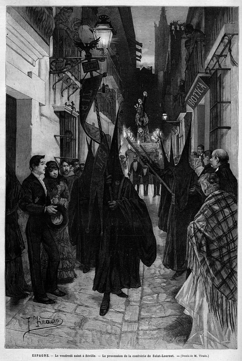 セビリア（スペイン）での聖金曜日（聖ローレンス）のコンフェレンスの行列。1883年「Le Monde illustrious」に掲載されたエングレーヴィング。個人蔵。 作： 無名の画家