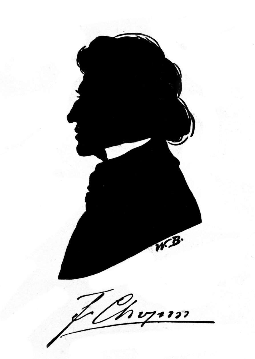 ポーランドの作曲家フレデリック・ショパン（1810-1849）のプロフィール・シルエットと直筆サイン。19世紀 作： 無名の画家