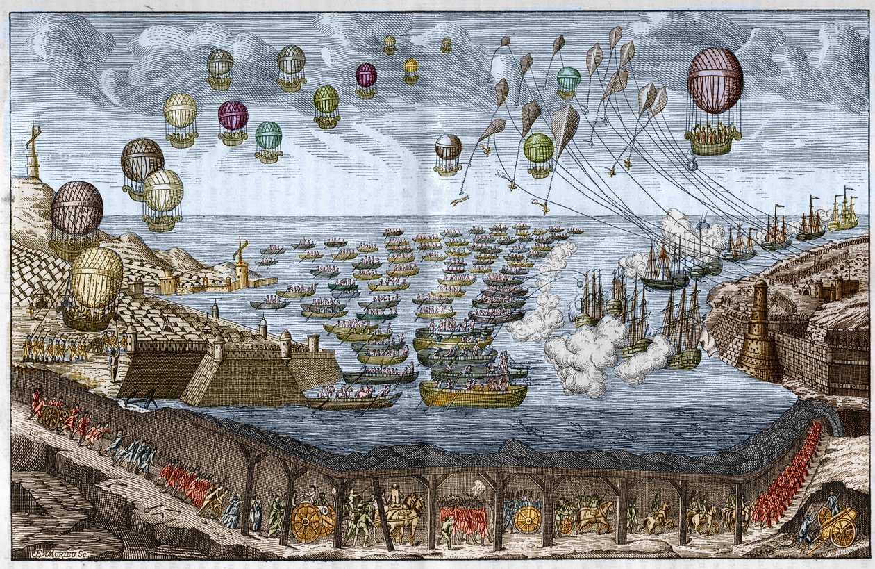1803年、ナポレオン1世によるイングランドへの攻撃（侵攻）計画 - フランス軍が英仏海峡トンネルを歩き、船や気球が海や空から攻撃する - 1803年のエングレーヴィング 作： 無名の画家