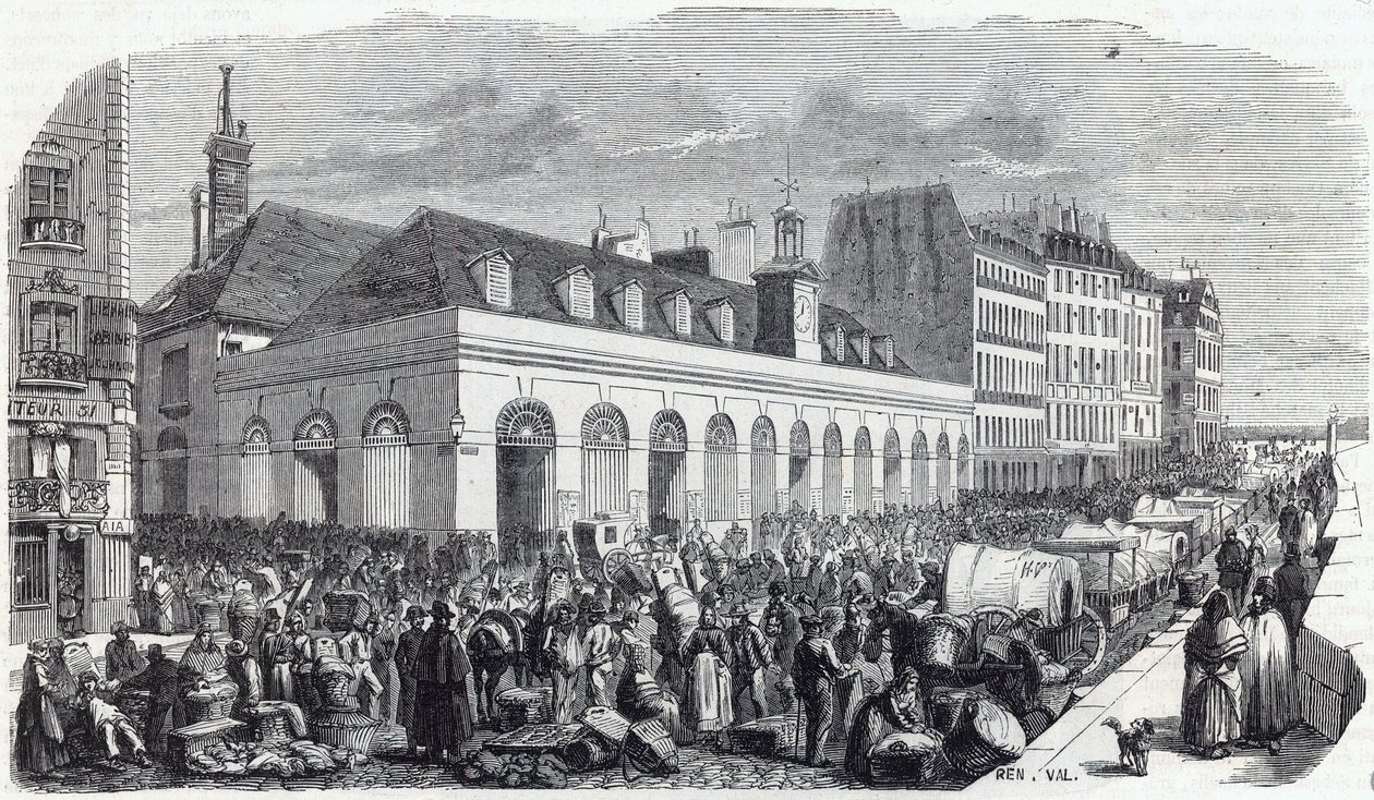ケ・デ・オーギュスタン。Marche de la Vallee - Edmond Texierの "Tableau-de-Paris "に掲載されたエングレービング 作： 無名の画家