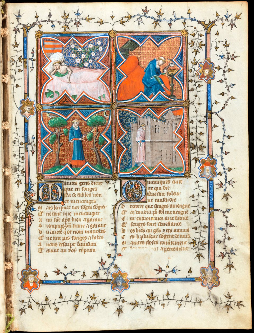 1353 年頃、スイスのギヨーム・ド・ロリス (1200 年から 1238 年頃) とジャン・ド・メン (1240 年から 1305 年) による写本「ル・ロマン・ド・ラ・ローズ」の「「さまざまな活動で忙しい 4 人の男性」」ページが照らされました。ジュネーブ図書館 作： 無名の画家