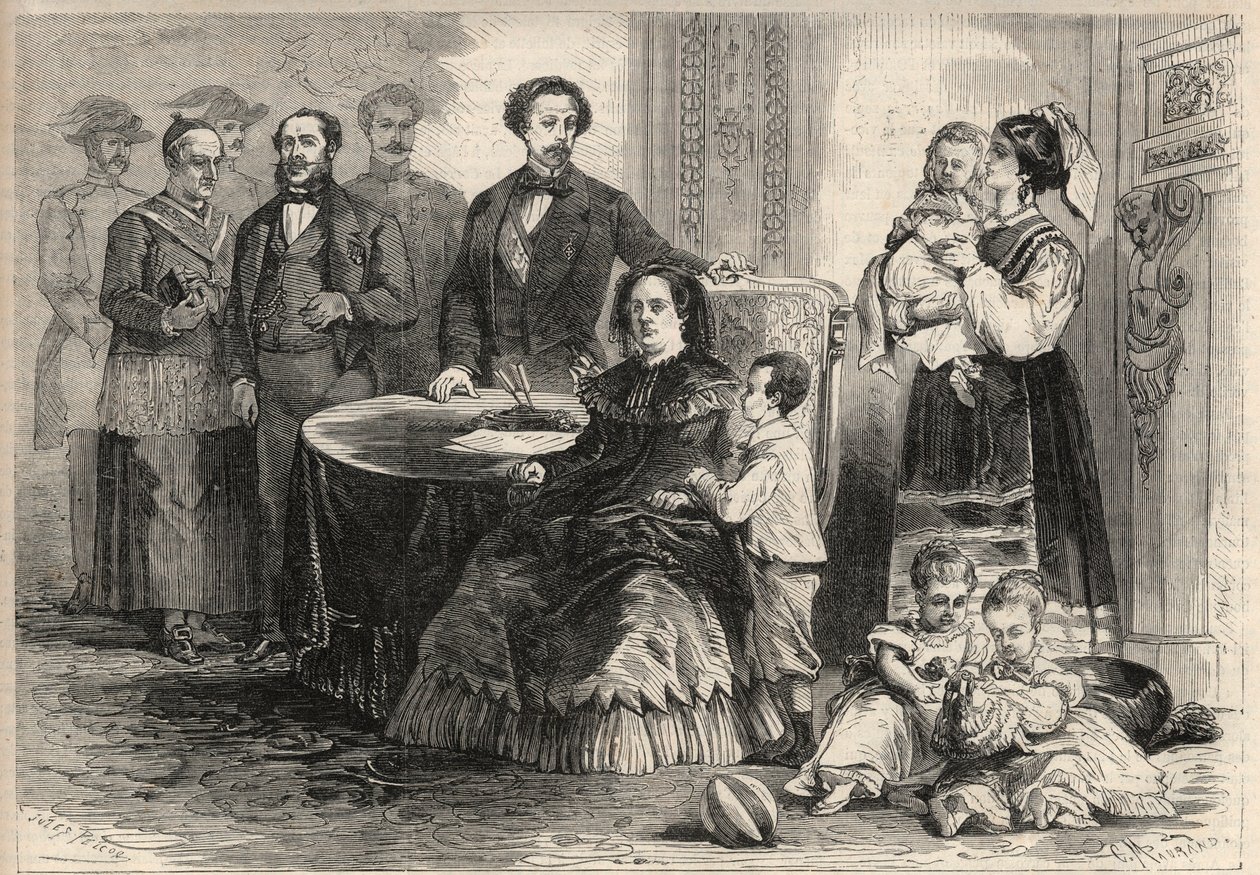 Königin Isabella II. von Spanien (Isabella von Bourbon) (1830-1904) und François von Assisi von Bourbon oder François I. von Spanien (1822-1902) suchten mit ihren Kindern Zuflucht im Schloss von Pau in Frankreich nach der Septemberrevolution (Gloriosa) von Unknown artist