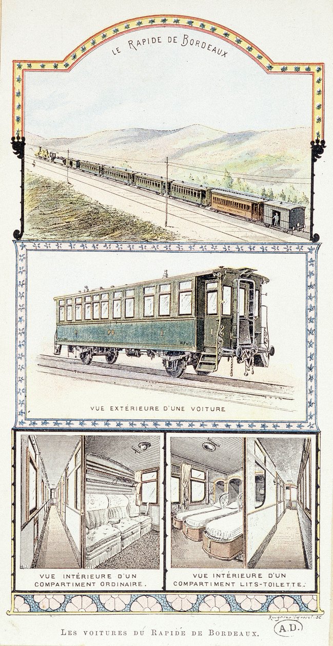 オルレアンの鉄道：ボルドー・ラピッドの車両の外観と内観 作： 無名の画家
