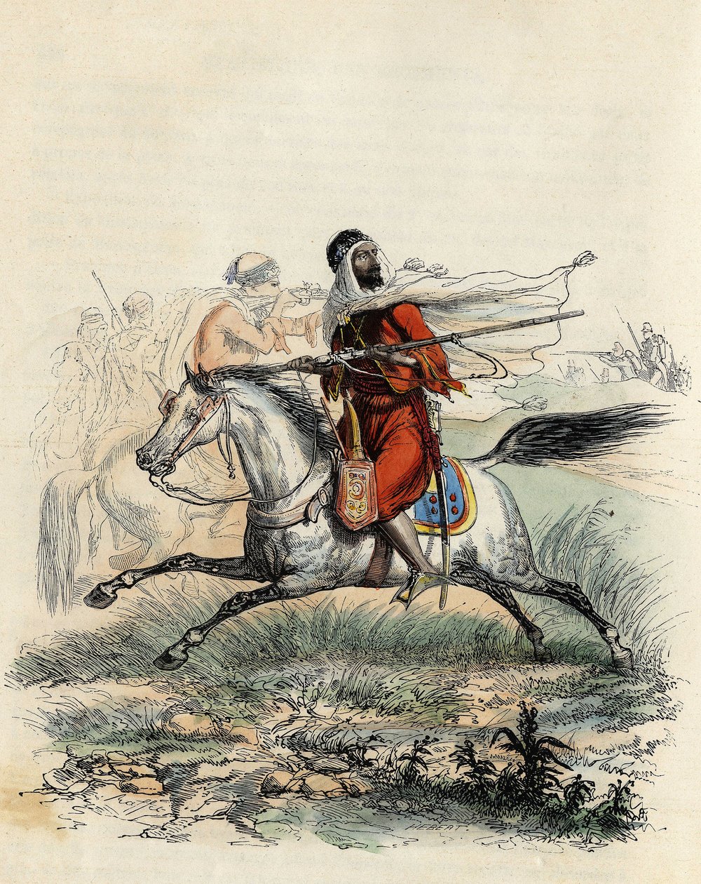 1841年、オランでフランス軍の馬上の狩人に逃げられたアブド・エル・カデル首長の赤い騎兵（Leon Galibert著「L