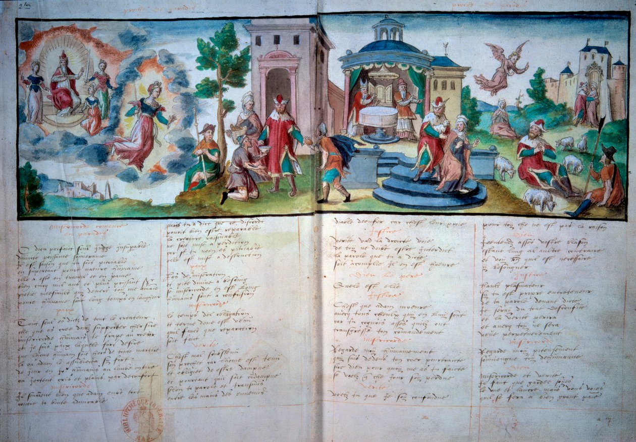 宗教劇：1547年にヴァランシエンヌで上演された「受難と復活」。水彩画が描かれた手稿ページ、パリ、B.N. 作： 無名の画家