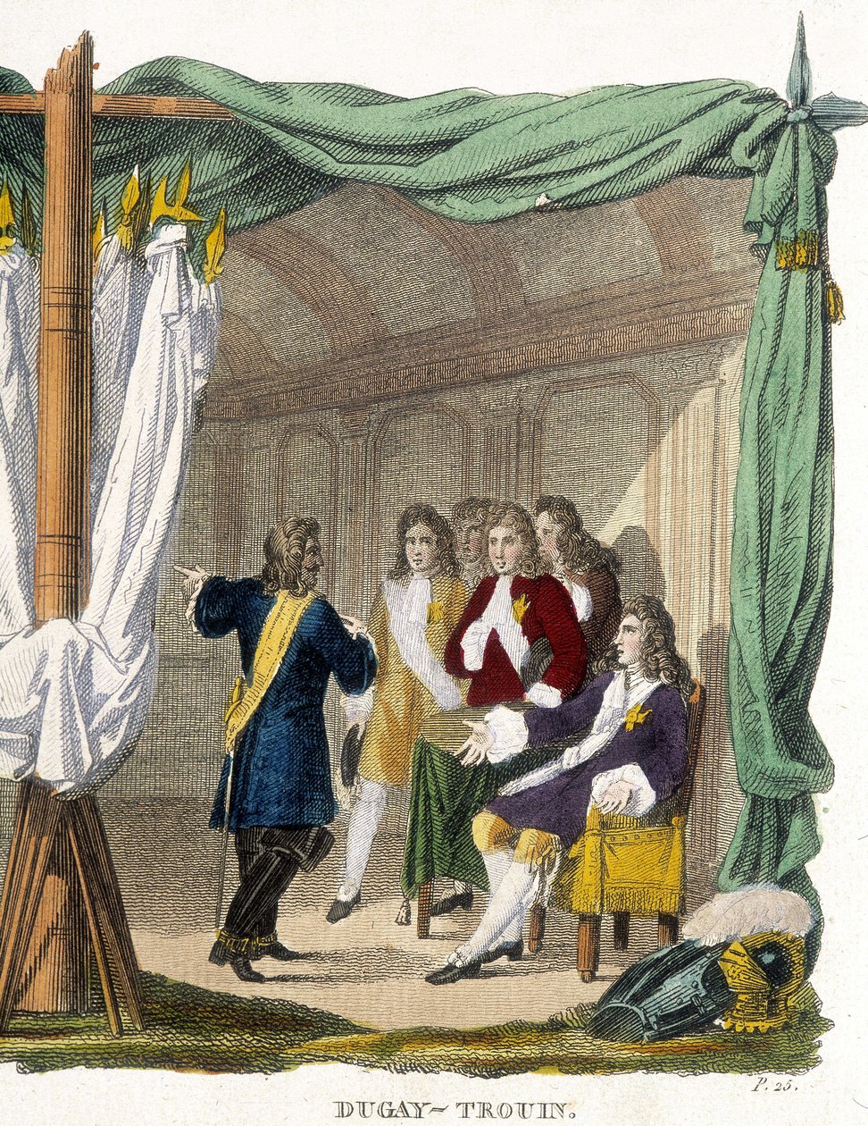 ルイ14世(1638-1715)の前でのルネ・デュゲイ・トルアン(Duguay-Trouin)(Rene Trouin du Gue dit)(1673-1736)。19世紀のエングレーヴィング。 作： 無名の画家