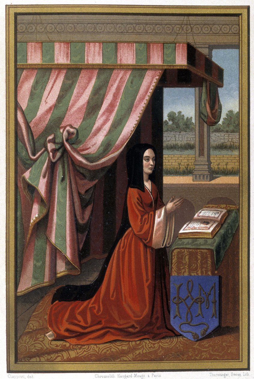 アンヌ・ドゥ・ボージューとして知られるアンヌ・ド・フランス（1461-1522）の祈りを表現したもの。彼女はルイ11世とシャルロット・ド・サヴォアの娘である。照明を当てた後、クロモリトグラフで撮影。 作： 無名の画家