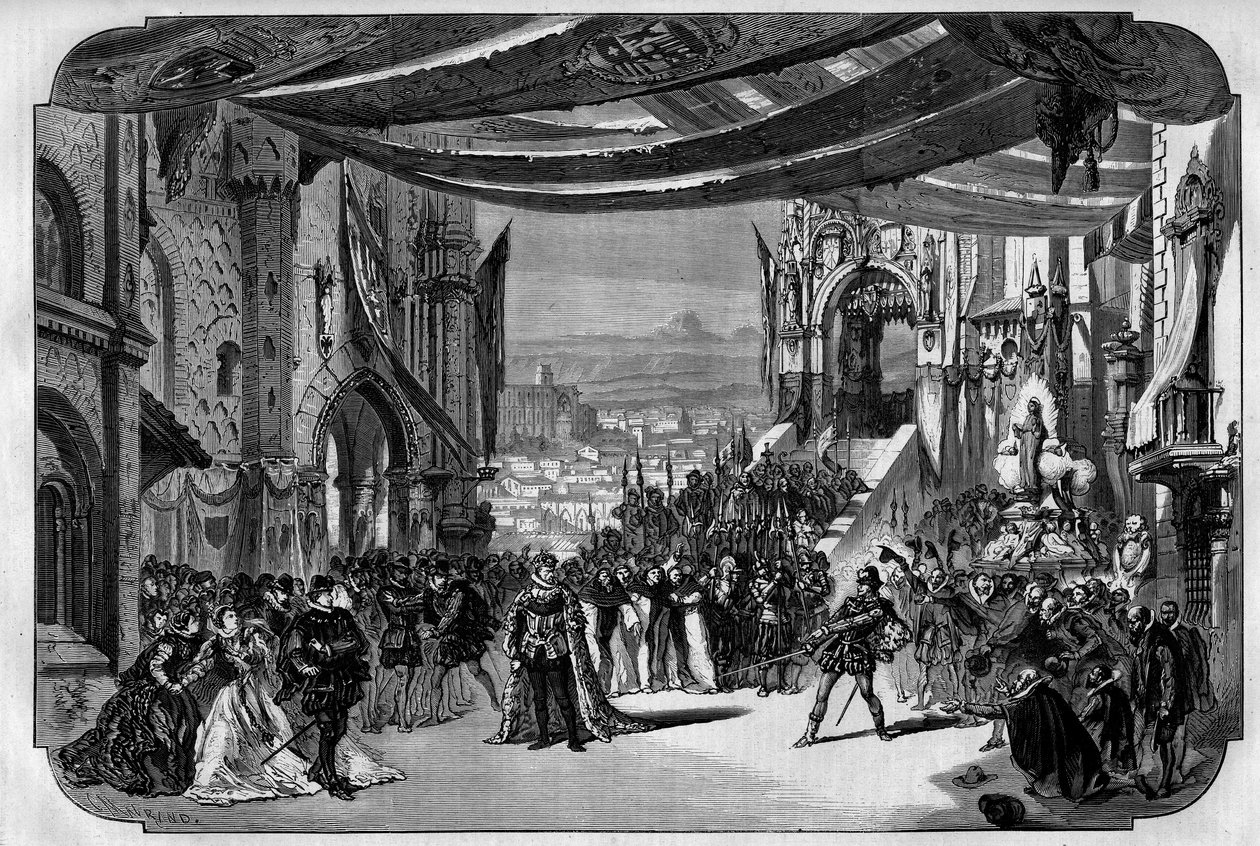 1867年3月11日にパリ・オペラ座で上演されたジュゼッペ・ヴェルディによる全5幕のオペラ「ドン・カルロ（ドン・カルロス）」を表現したもの。ヌーヴィルの絵では、第3幕、第4画、第9場。 作： 無名の画家
