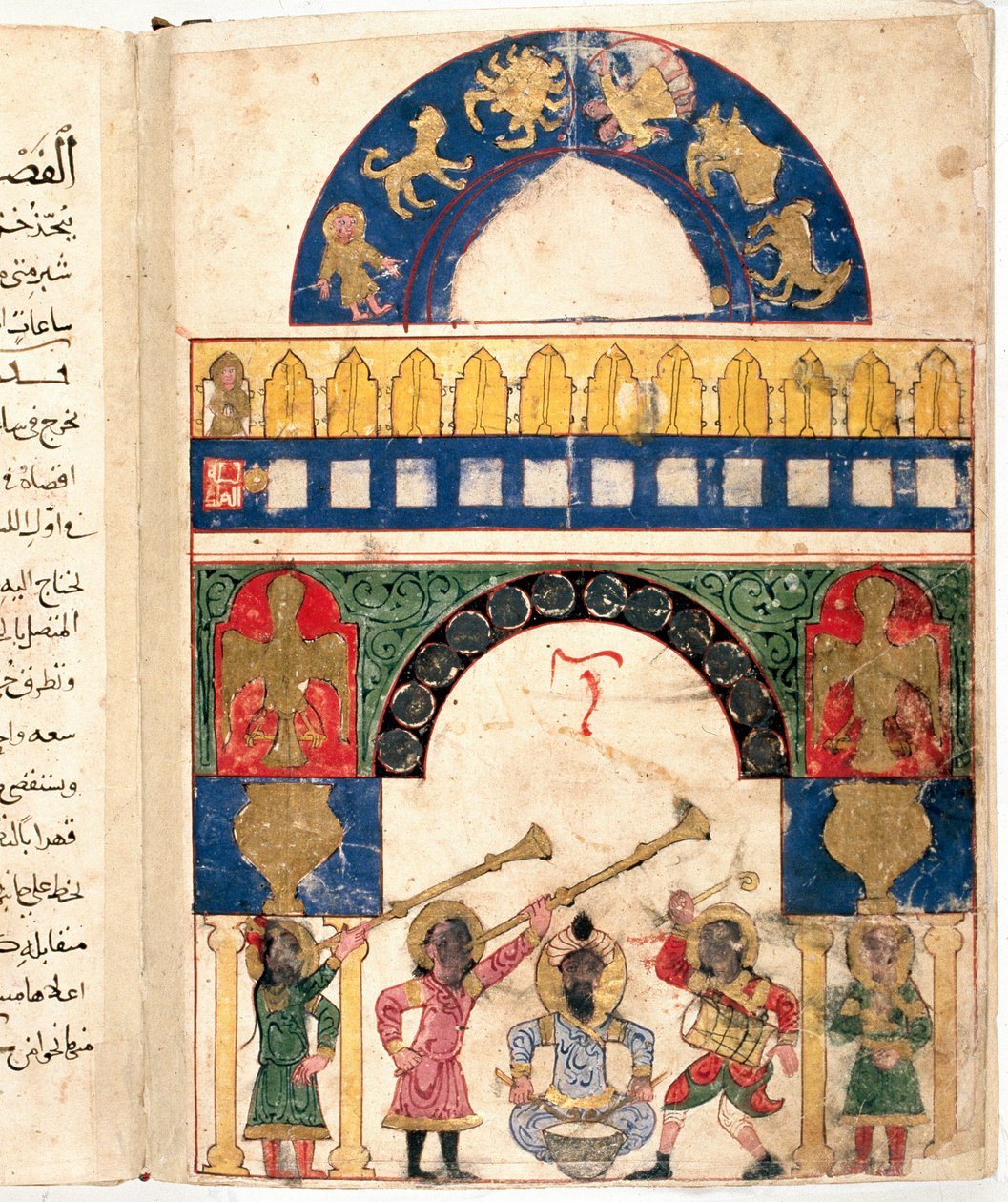 トルコの技術者イブン・アル・ラジャージ・アル・ジャザリ（Al Rajjaj Al Jazari）（1136-1206）が設計した水のクレプシドラ（時計）とカレンダーを表現したもの。それは、黄道十二宮の円を区別し、太陽、月 作： 無名の画家