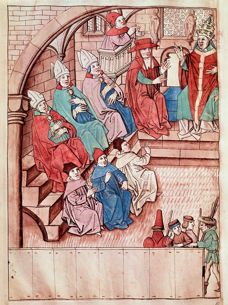 1414年から1418年の間に開催されたコンスタンツ公会議の様子を表したもので、上には教皇マルティヌス5世が乗っています（View of the Council of Constance, ca 1417） Ulrich Richental（1360-1437）による「コンスタンツ公会議の年代記」から抜粋したミニチュアです。 作： 無名の画家