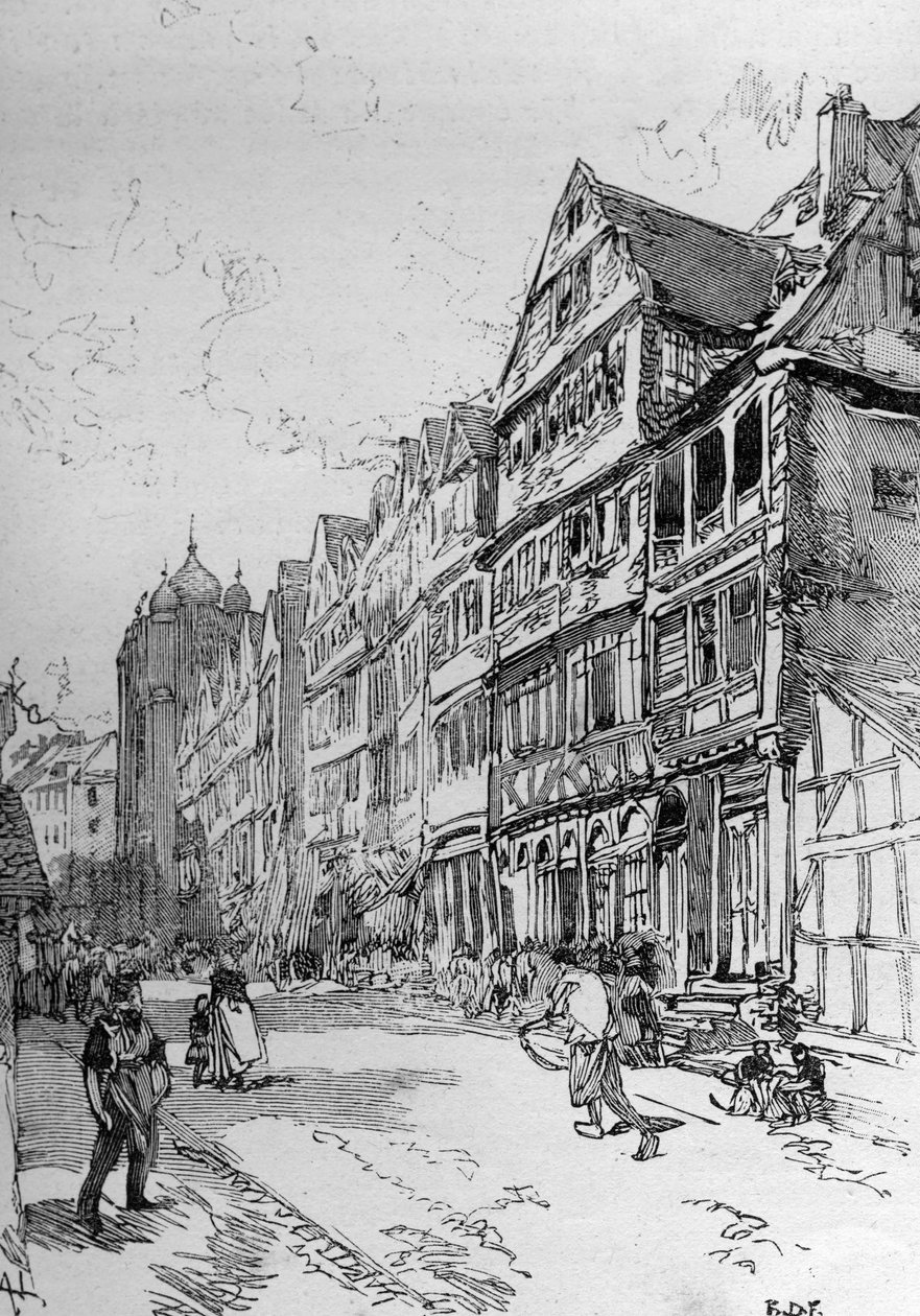 ロスチャイルド家発祥の地、フランクフルトのユダヤ人街を表現したもの。"The Illustrous World "に掲載されたエングレーヴィング 作： 無名の画家