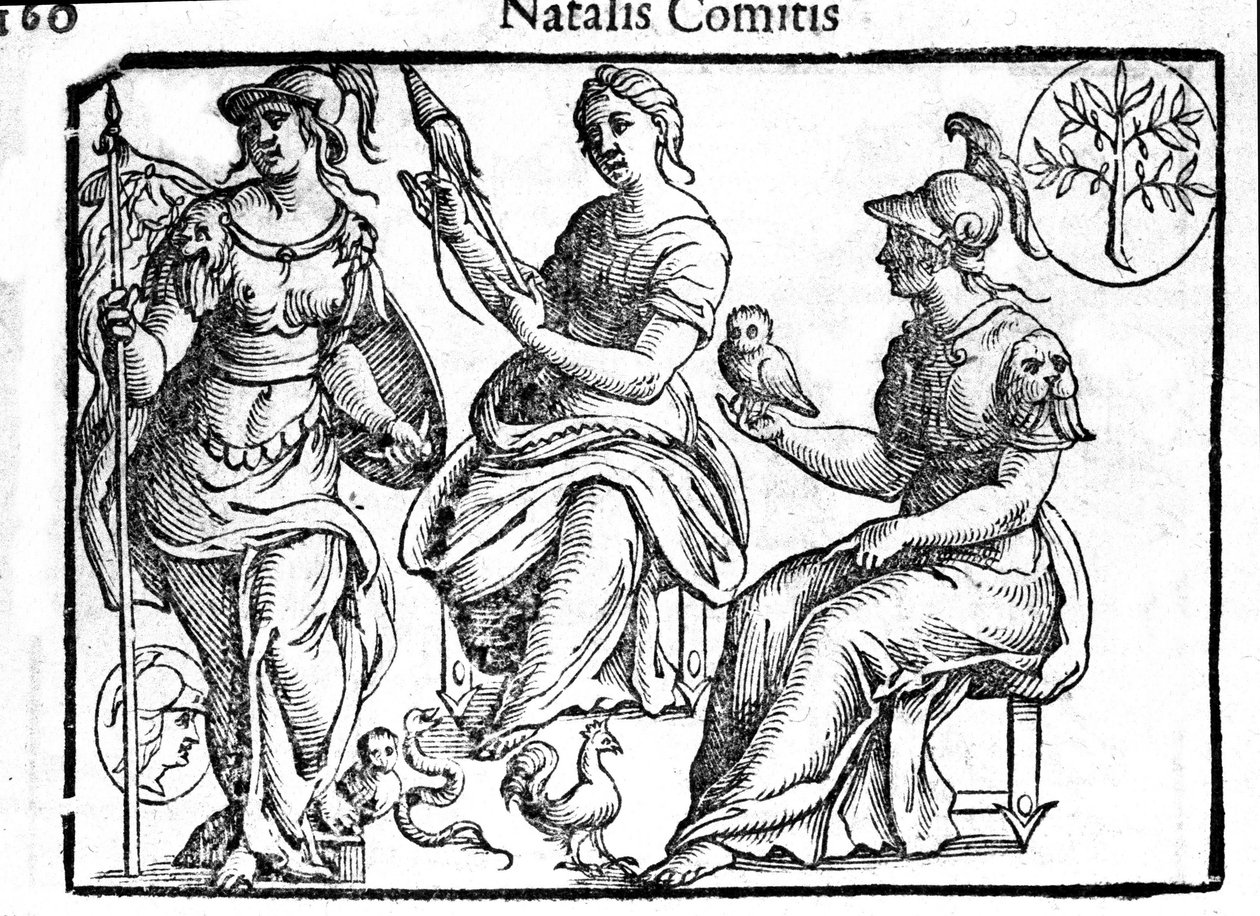 神格化されたアテナの表現。ナタリス・コミティスの「神話と寓話の説明」からの版画。1637. 作： 無名の画家