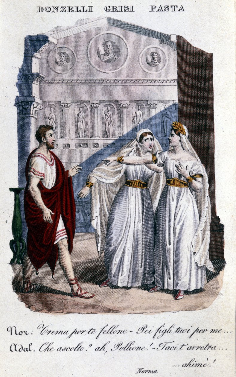 ヴィンチェンツォ・ベリーニ（1801 - 1835）の「ラ・ノルマ」の最初の表現の通訳の表現：左からドメニコ・ドンゼッリ（ポリオーネ）、ジュディッタ・グリジ（アダルギーサ）、ジュディッタ・パスタ（ノルマ）。1833. 作： 無名の画家