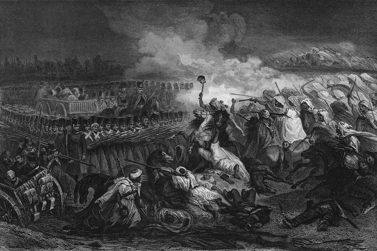 1837年、コンスタンティヌスでフランス軍が形成した広場の前でのアラブ人の退却（レオン・ガリベール著「Algerie ancienne et moderne」より 作： 無名の画家