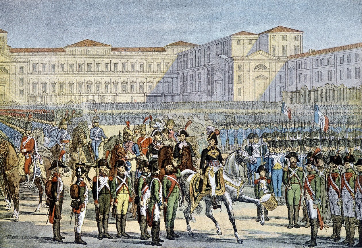 ムラート将軍がミラノで通過したイタリア軍のレビュー（1800年） - リトグラフ 作： 無名の画家
