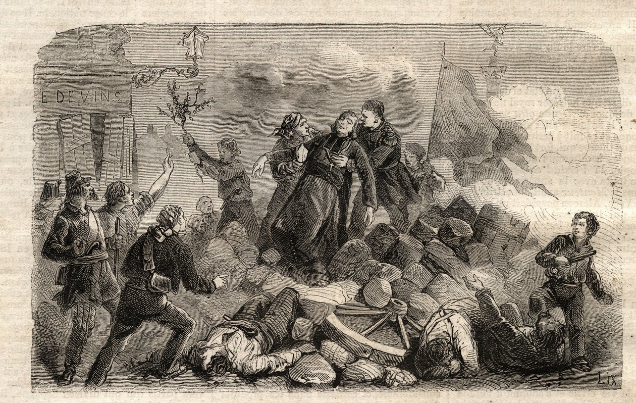 革命1848年"The Archeveque Monsignor Denis Affre (1793-1848) on the Barricade Faubourg Saint Antoine in Paris 26/06/1848 (Do o mon dieu que mon sang soit le dernier verse) (Death Denis Affre Archbishop of Paris of the barricade at the entrance to t t 作： 無名の画家