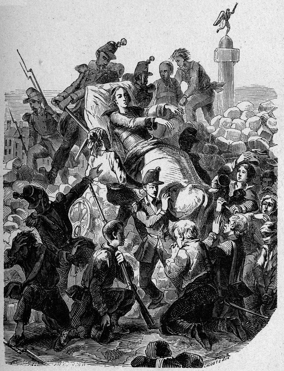 革命1848年。"1848年、大司教ドニ・アフレ（1793-1848）が傷つき、担架に乗せられる" 作： 無名の画家
