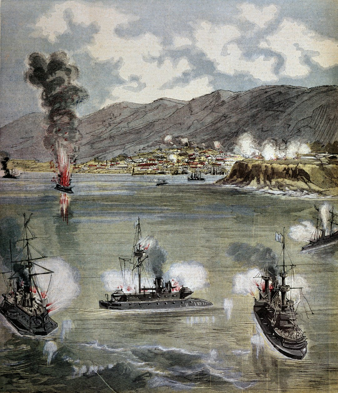 チリの革命：1891年のバルパライソ襲撃。イラストは1891年の「Supplement illustrates du Pepetit journal」から引用。パリ、B.N. 作： 無名の画家